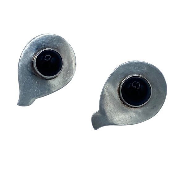 Taxco TA-41 Mexico Sterling Silver Pierced Earrings Onyx Modernist - Picture 12 of 12